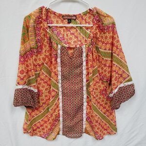 Olive Hill Anthropologie Womens M  Orange Yellow Lace Boho Sheer 3/4  Sleeve Top